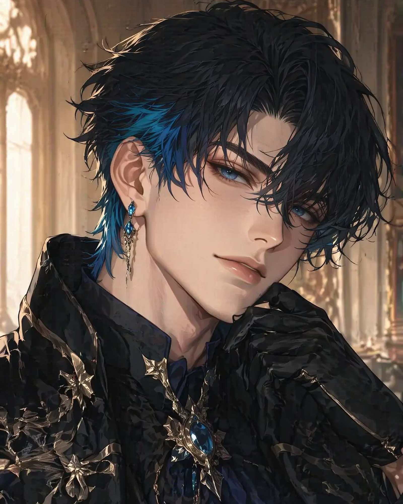 Dark-haired prince in an ornate palace